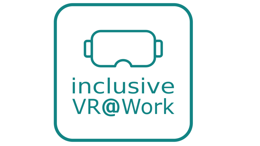 The image shows the inclusiveVR logo, a pair of VR glasses in a retrieved square with the words inclusive VR@Work written on it.